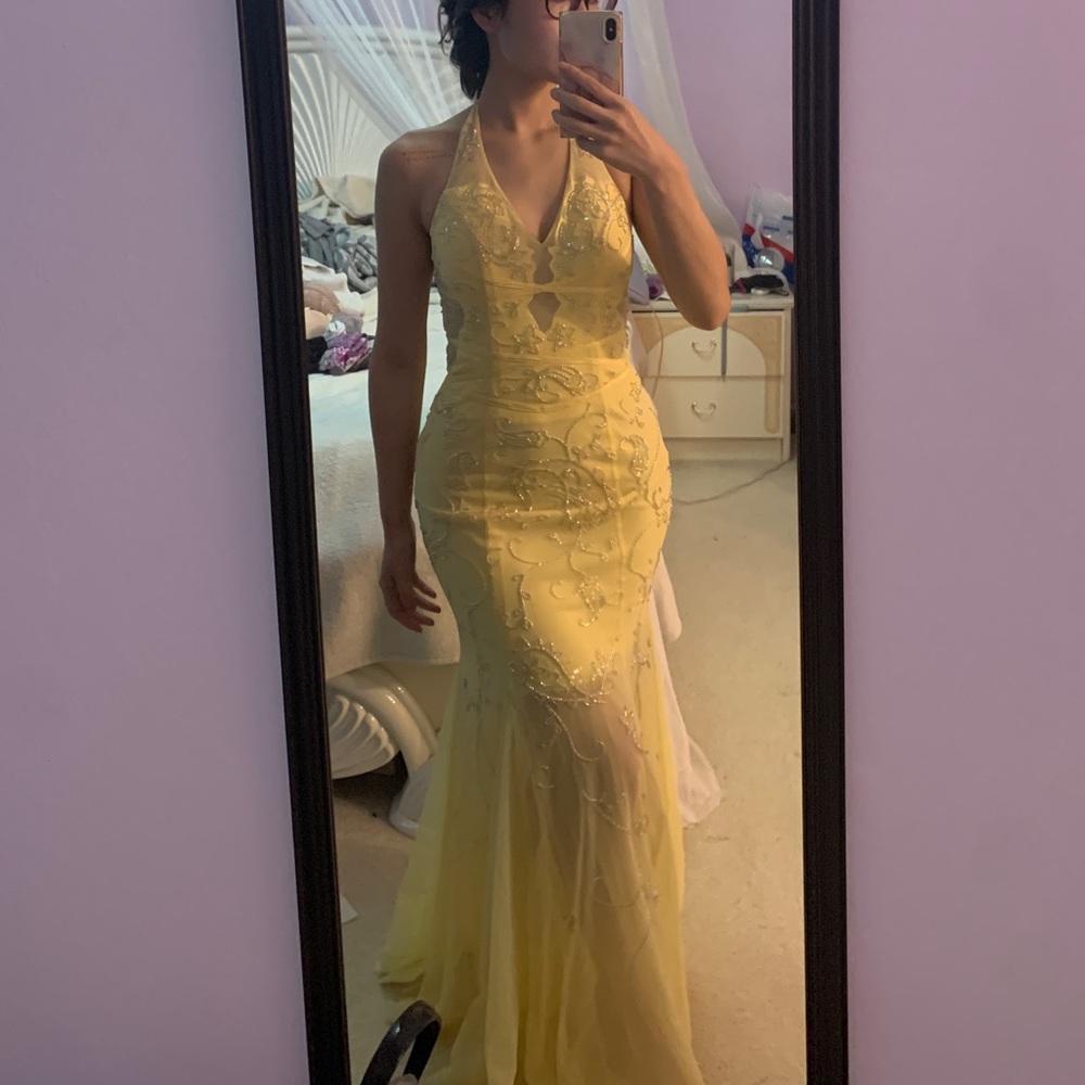 XS | VINTAGE caché halter mermaid dress with hand stitched beading